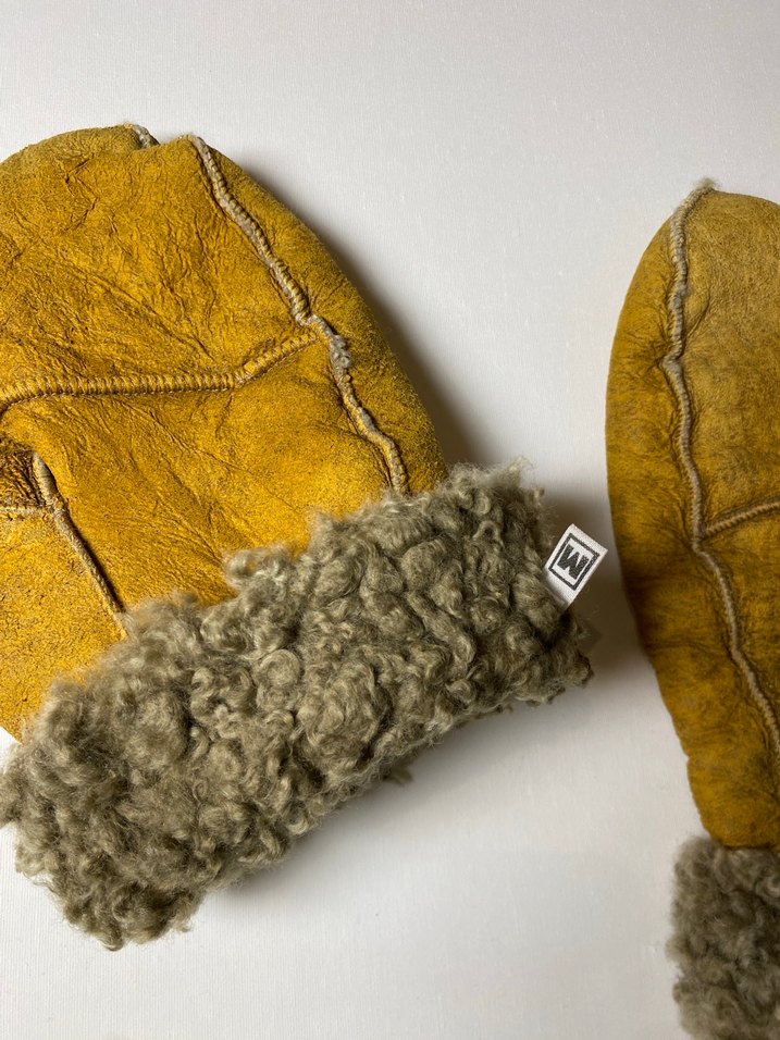 Vintage hardal deri eldiven  içi yünlü - Görsel 4