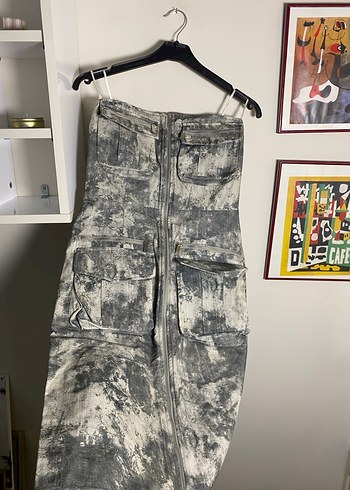 Kadın Gri Kamuflaj Desenli Denim Tulum - Görsel 2