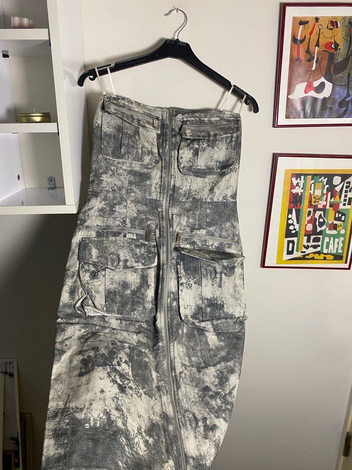 Kadın Gri Kamuflaj Desenli Denim Tulum - Görsel 2