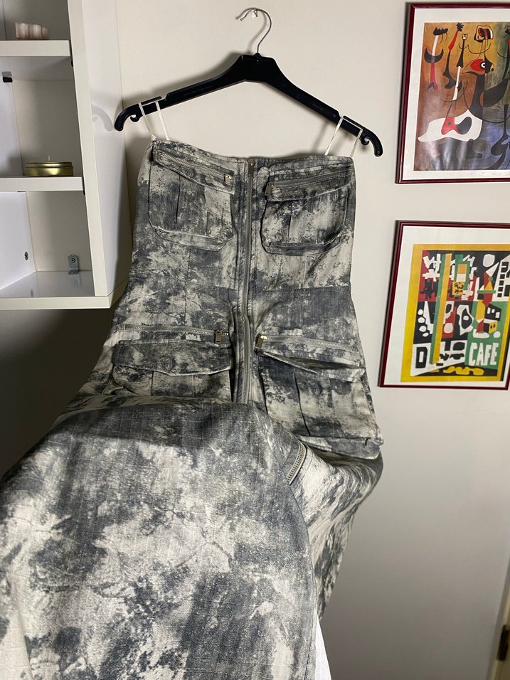 Kadın Gri Kamuflaj Desenli Denim Tulum - Görsel 3