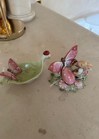 Pembe Pastel Kelebek ve Yaprak Biblo Seti