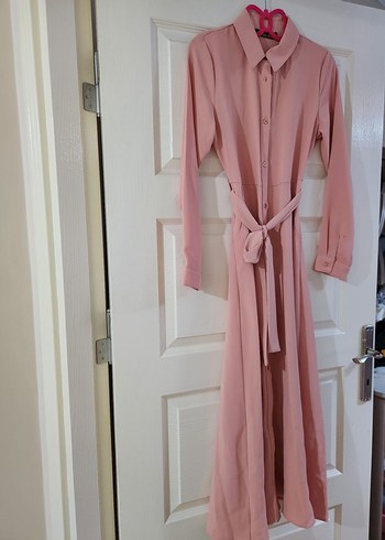 Pembe Uzun Kollu Drapeli Kadın Elbise