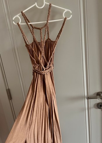 Bej Drapeli Uzun Keten Elbise - Görsel 4