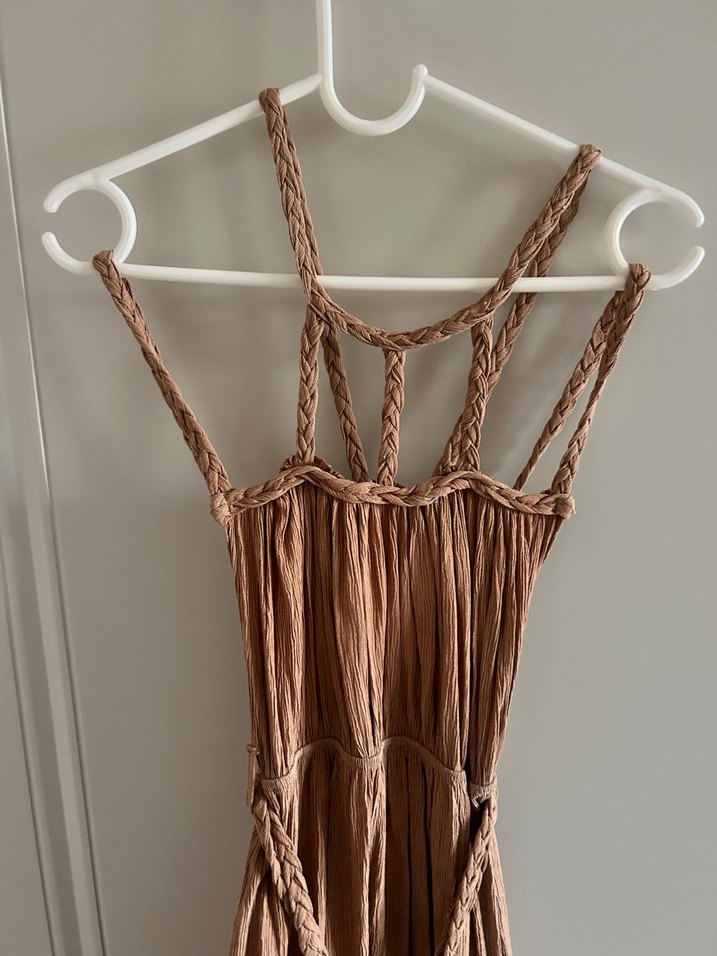 Bej Drapeli Uzun Keten Elbise - Görsel 3