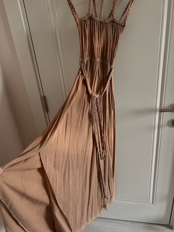 Bej Drapeli Uzun Keten Elbise - Görsel 2
