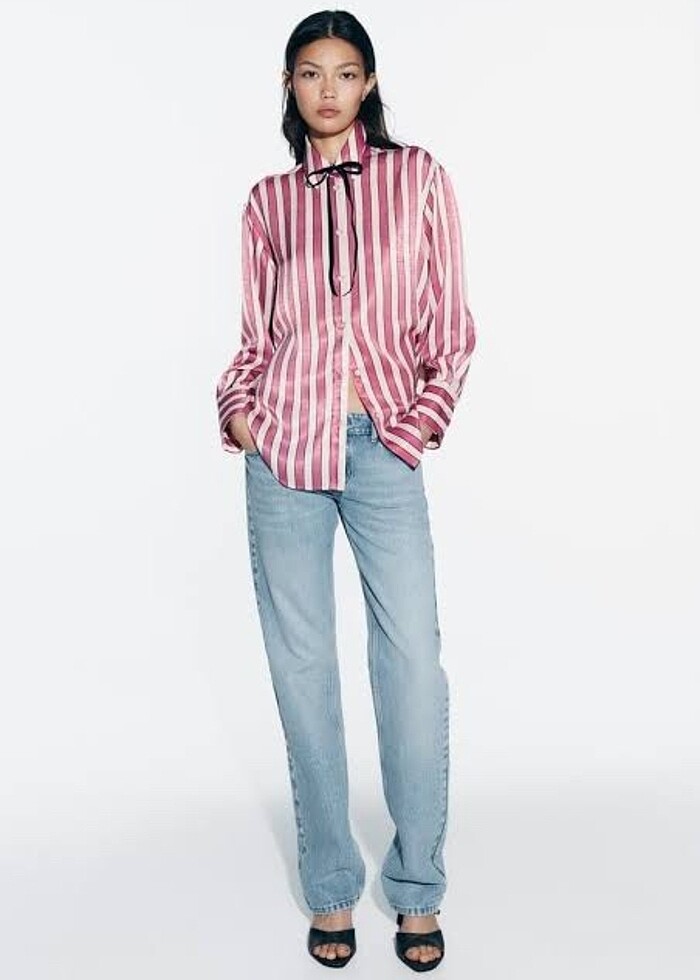 Zara Çizgili Saten Gömlek - Görsel 3