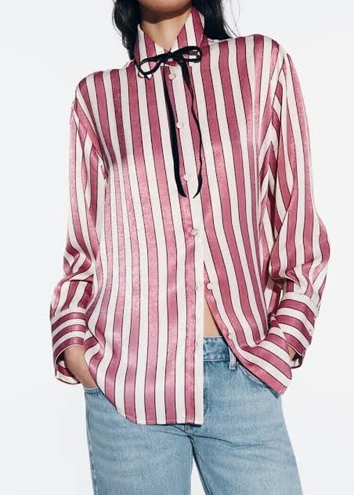 Zara Çizgili Saten Gömlek - Görsel 2