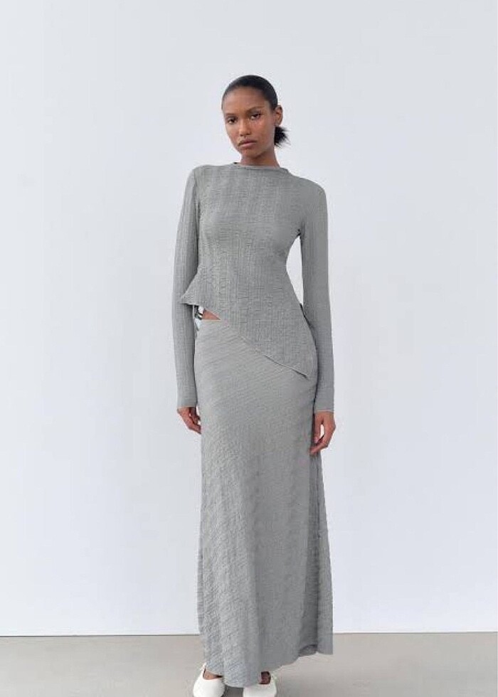 Zara Gri Dokulu Midi Etek - Görsel 2