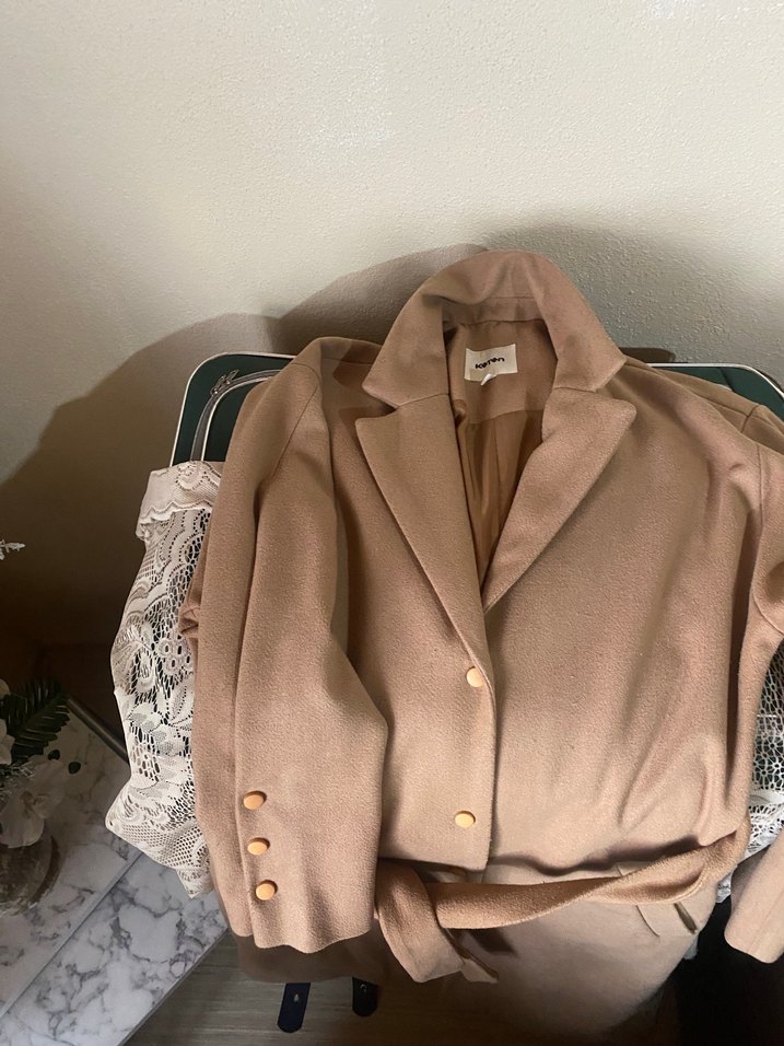 Kadın Bej Süet Kemerli Uzun Kaban - Görsel 2