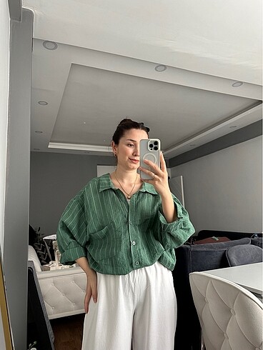 Yeşil çizgili oversize gömlek