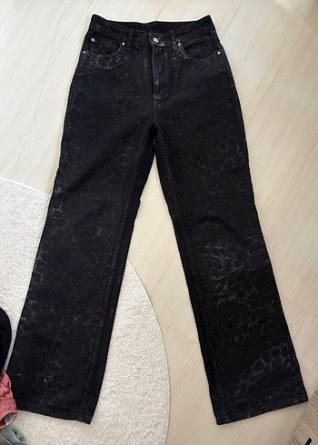 Siyah ,gümüş leoparlı Bol Kesim Denim Pantolon