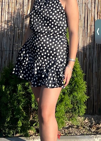 34 Beden Puantiye Desenli Mini Straplez Elbise