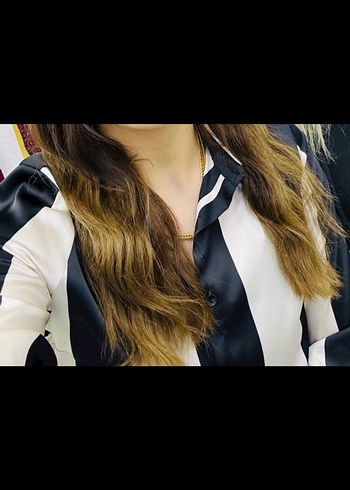 Siyah Beyaz Çizgili V Yaka Kadın Gömlek - Görsel 6