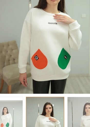 Beyaz Örme Cepli Kadın Sweatshirt