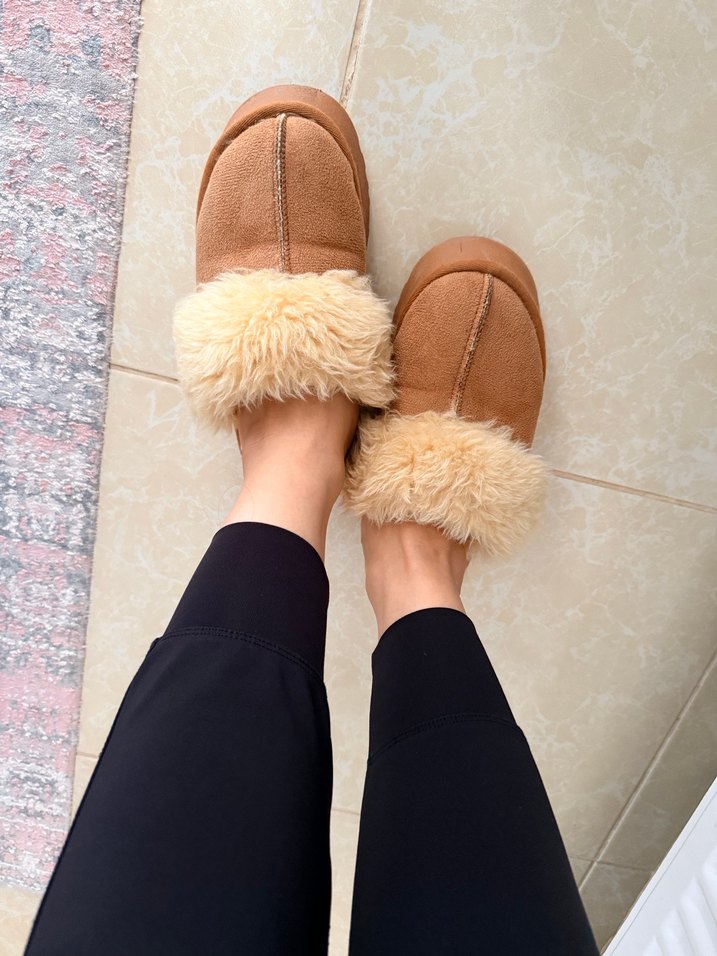 Kürklü Kadın Kahverengi Dolgu Topuk Terlik - Görsel 3