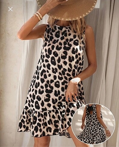 Leopar desenli kurdelalı elbise