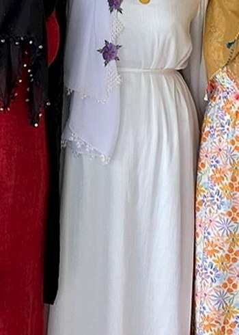 Beyaz Uzun Elbise, Yüksek Yaka, Salaş Kesim - Görsel 5