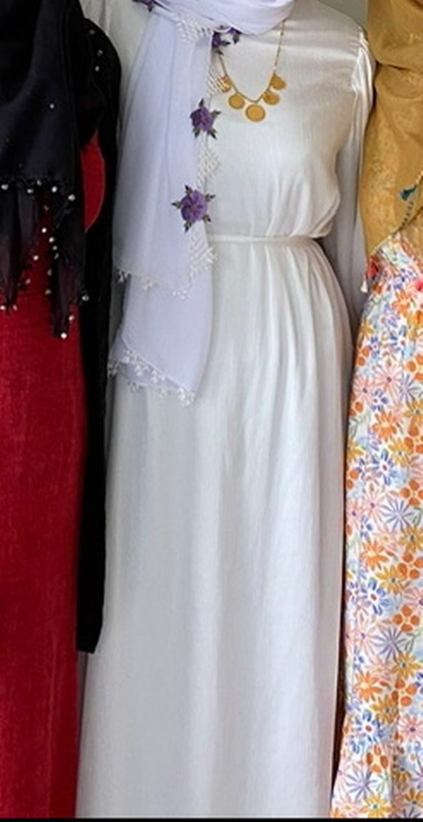 Beyaz Uzun Elbise, Yüksek Yaka, Salaş Kesim - Görsel 5