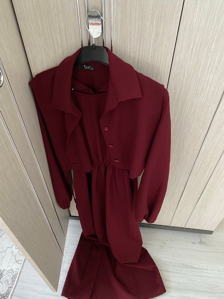 Bordo Düğmeli Uzun Salaş Elbise - Görsel 2