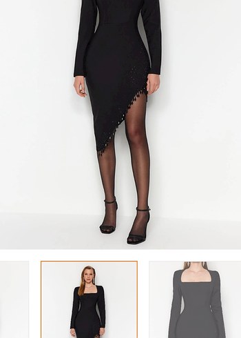 Uzun Kollu Siyah çapraz yırtmaçlı Midi Elbise - Görsel 5