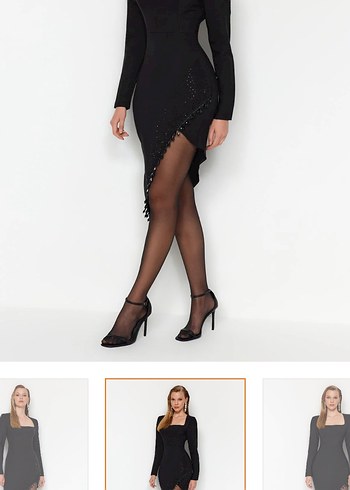 Uzun Kollu Siyah çapraz yırtmaçlı Midi Elbise - Görsel 4