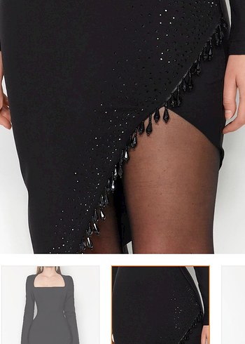 Uzun Kollu Siyah çapraz yırtmaçlı Midi Elbise - Görsel 3