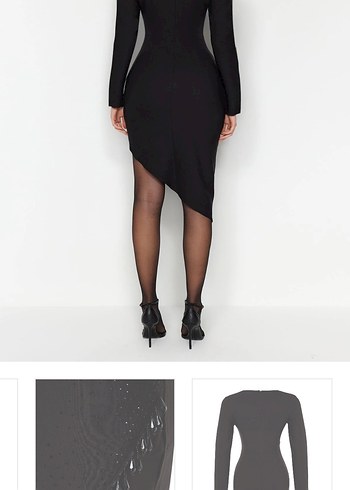 Uzun Kollu Siyah çapraz yırtmaçlı Midi Elbise - Görsel 6
