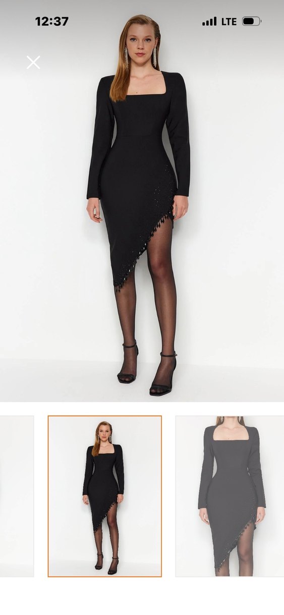 Uzun Kollu Siyah çapraz yırtmaçlı Midi Elbise - Görsel 5