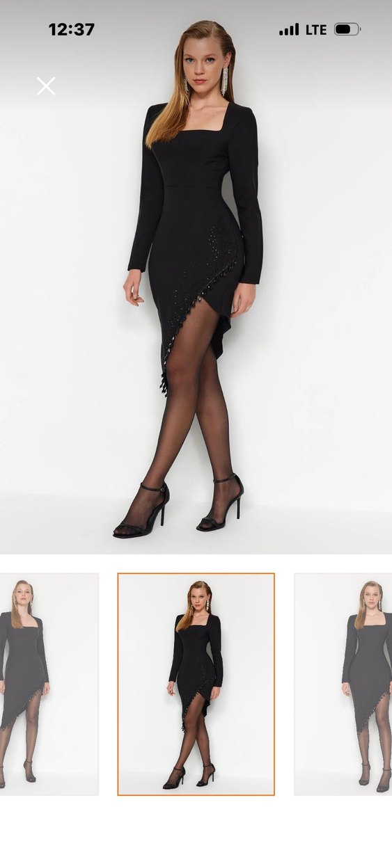 Uzun Kollu Siyah çapraz yırtmaçlı Midi Elbise - Görsel 4