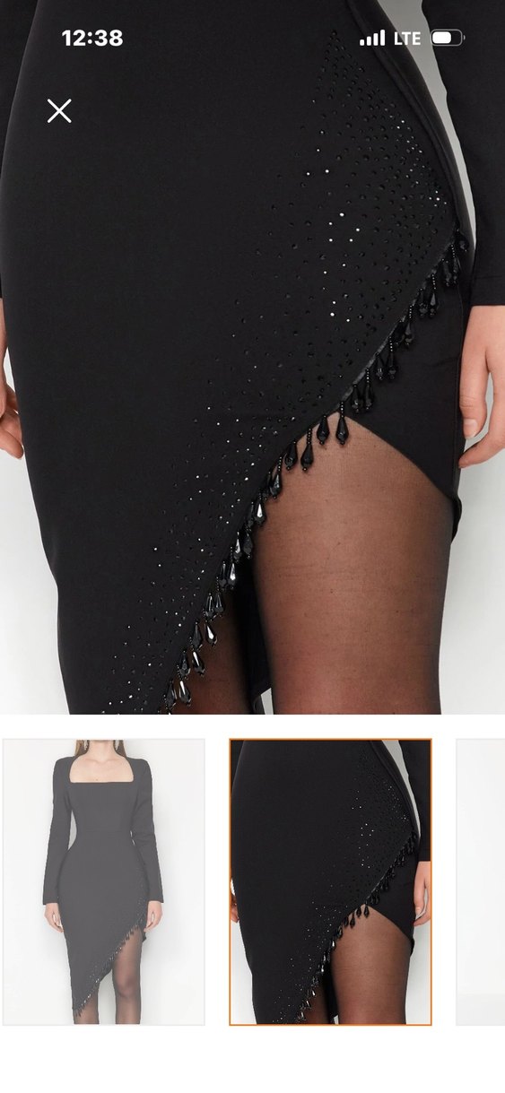 Uzun Kollu Siyah çapraz yırtmaçlı Midi Elbise - Görsel 3