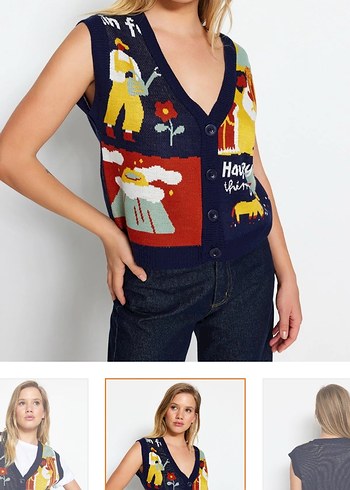 Renkli Baskılı V Yaka Örgü Süveter - Görsel 2