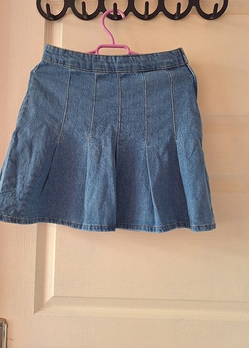 Kadın Mavi Denim Pileli Mini Etek