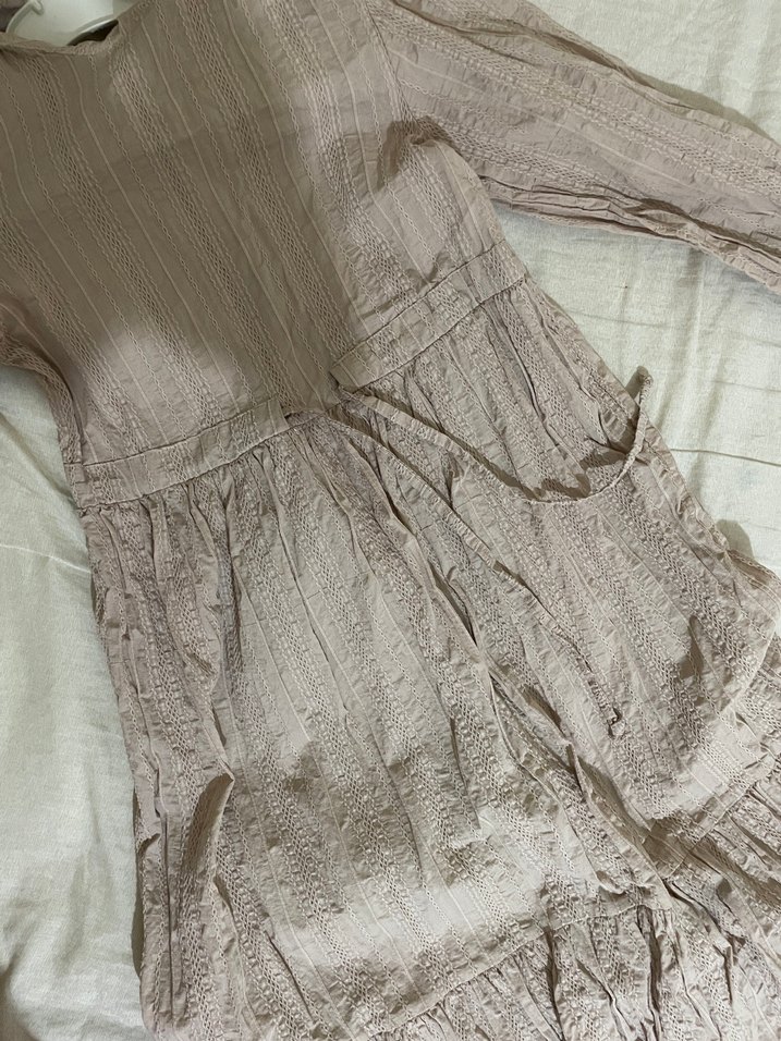 Bej Bohem Uzun Keten Elbise tesettür - Görsel 2