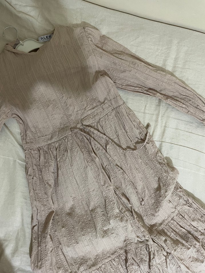 Bej Bohem Uzun Keten Elbise tesettür - Görsel 3