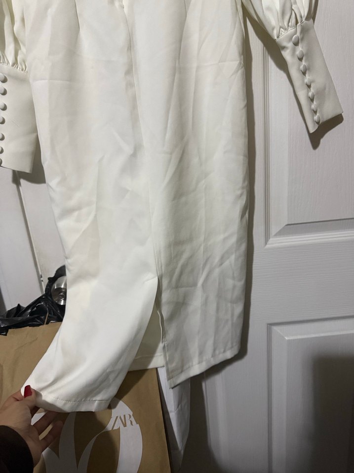 Uzun Kollu Beyaz Midi Mini Gelinlik - Görsel 3