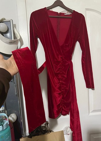 Bordo kırmızı Kadife Drapeli Midi Elbise bel kemerli - Görsel 2