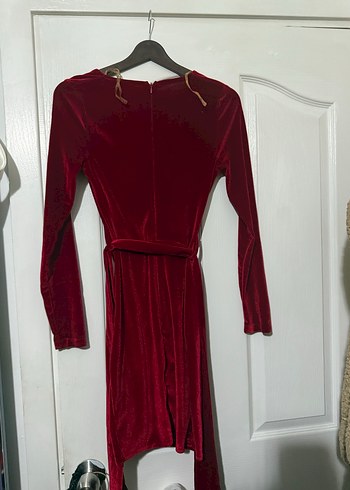 Bordo kırmızı Kadife Drapeli Midi Elbise bel kemerli - Görsel 3