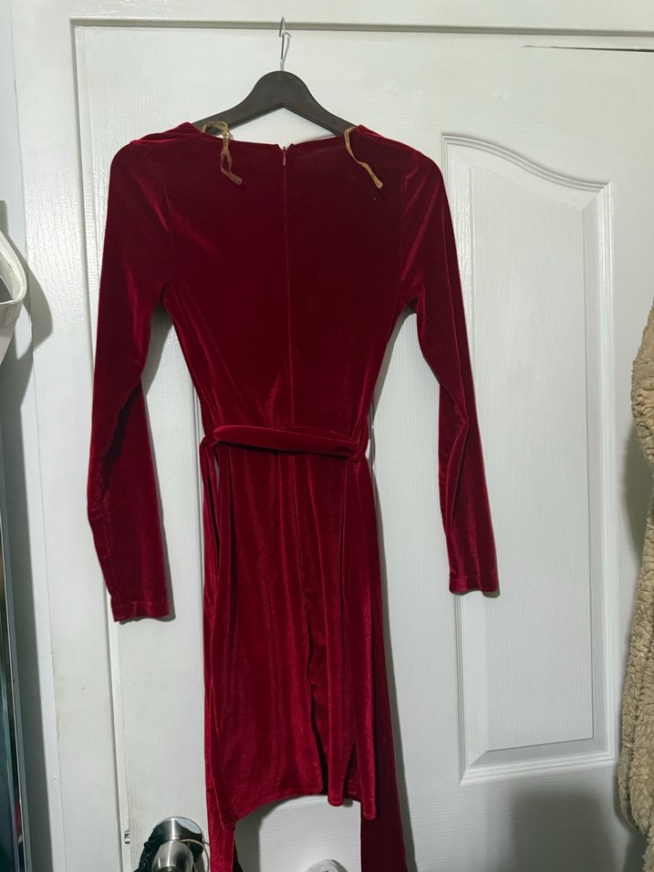 Bordo kırmızı Kadife Drapeli Midi Elbise bel kemerli - Görsel 3