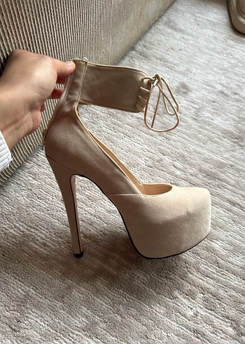 Bej Süet Platform Topuklu Kadın Abiye Ayakkabı - Görsel 2