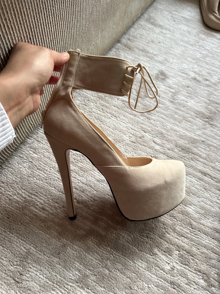 Bej Süet Platform Topuklu Kadın Abiye Ayakkabı - Görsel 2