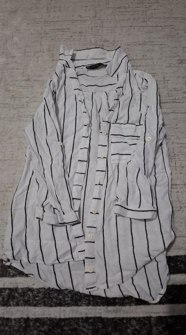 Çizgili Uzun Kollu Rahat Keten Gömlek - Görsel 2