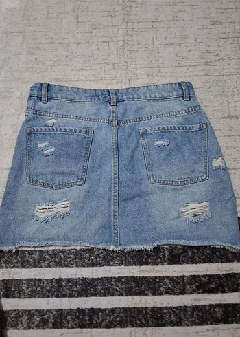 Kadın Yırtık Mini Denim Etek - Görsel 3