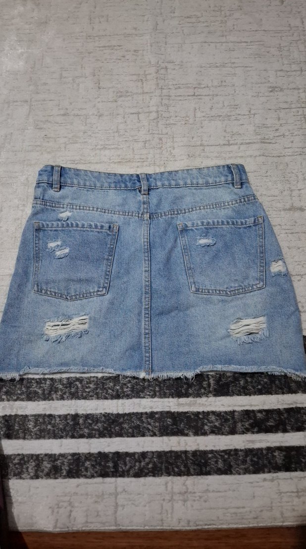 Kadın Yırtık Mini Denim Etek - Görsel 3