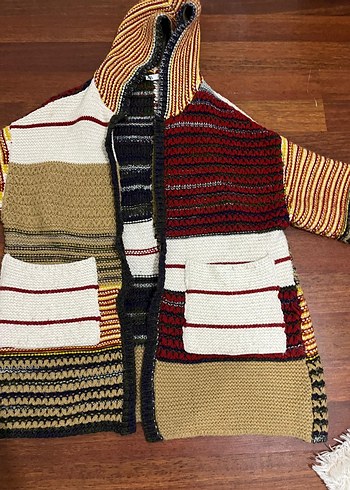 Kapüşonlu, Uzun Kollu Çok Renkli Örgü Hırka - Görsel 2