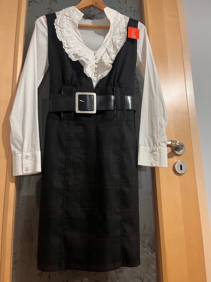 Kemerli Siyah Midi Ofis Elbisesi - Görsel 2