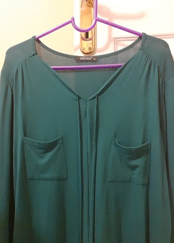 Kadın Yeşil V Yaka Uzun Kollu Gömlek - Görsel 2