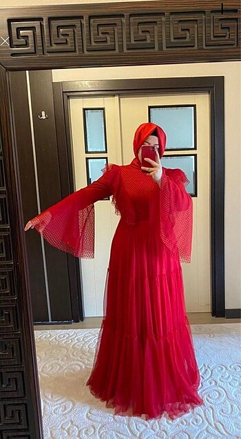 Diğer kırmızı tül tesettür volanlı abiye