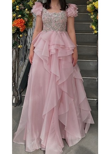 Pembe Nakışlı Uzun Abiye Elbise 38 beden