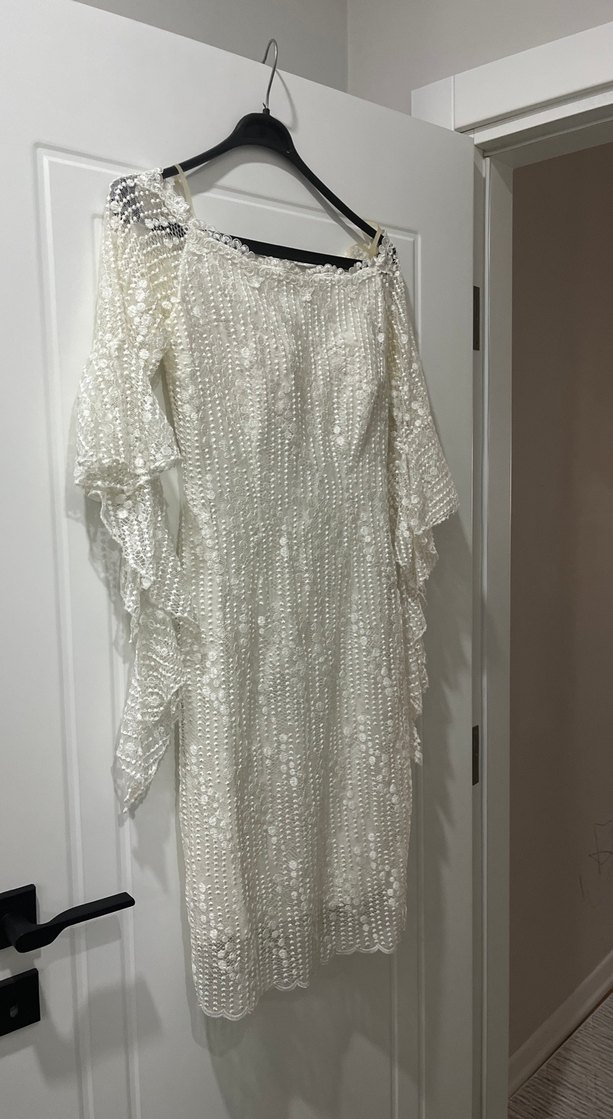 Dantel İşlemeli Uzun Kollu Bohem Beyaz Elbise - Görsel 2