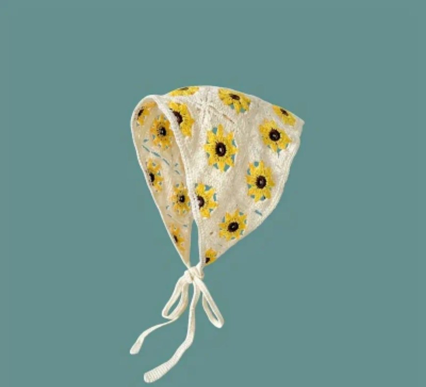 Beyaz  sarı papatyalı örgü Saç Bandanası - Görsel 2